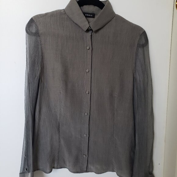 Akris Silk Semi Sheer Crinkled Button Down Long Sleeve Shirt Gray Blouse - Picture 1 of 14